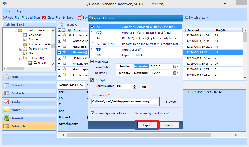 Select file format to export