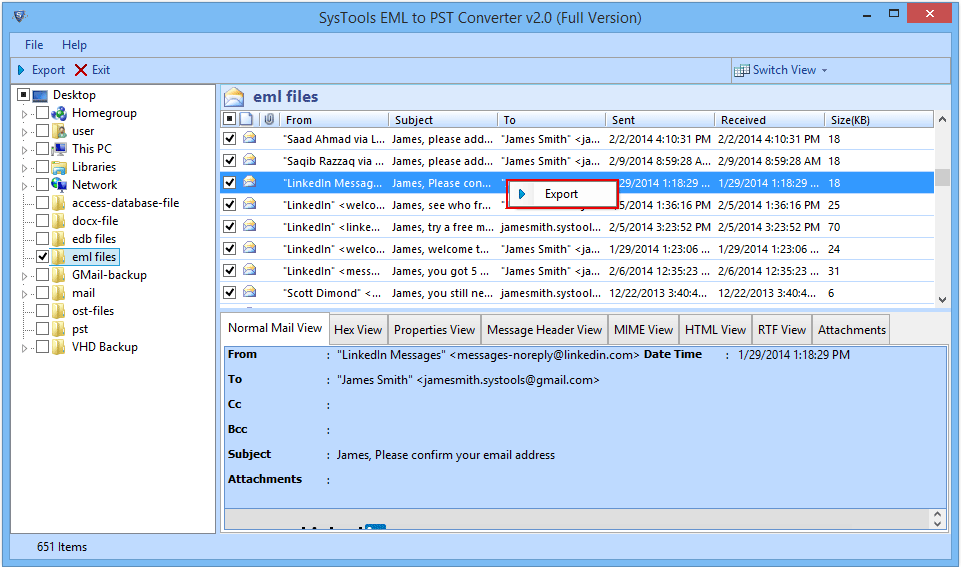 select mail to export