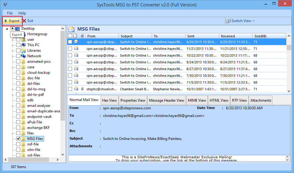 select folder to export