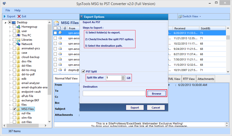 split file and select destination