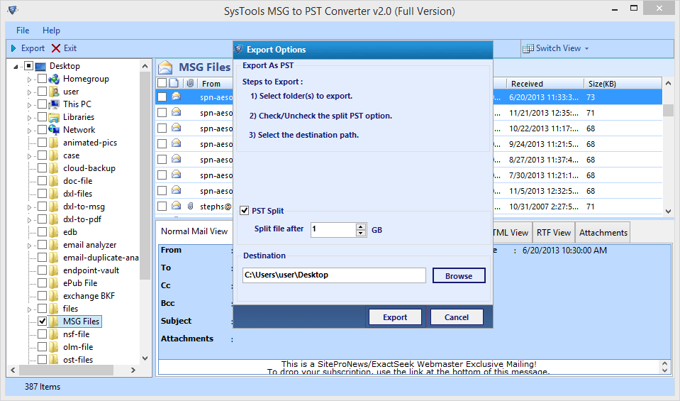 initiate export process