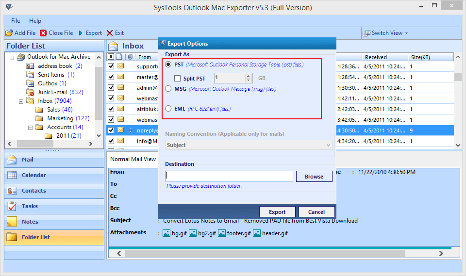 Select desired option to export into