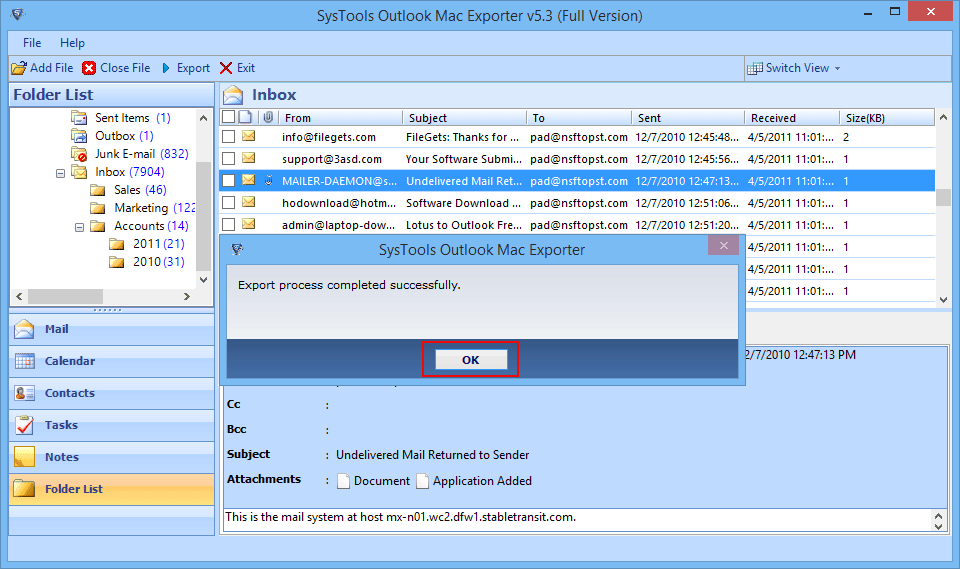 show confirmation after completion of export process