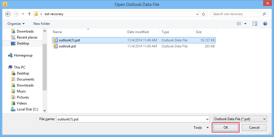 select outlook data file format