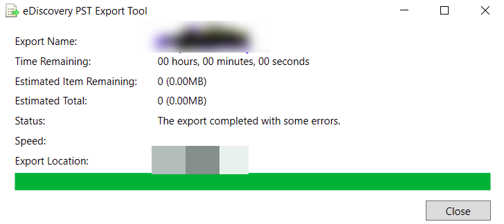 ediscovery pst export tool failed to load status