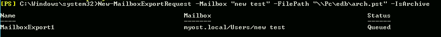 powershell command to export exchange archive mailbox