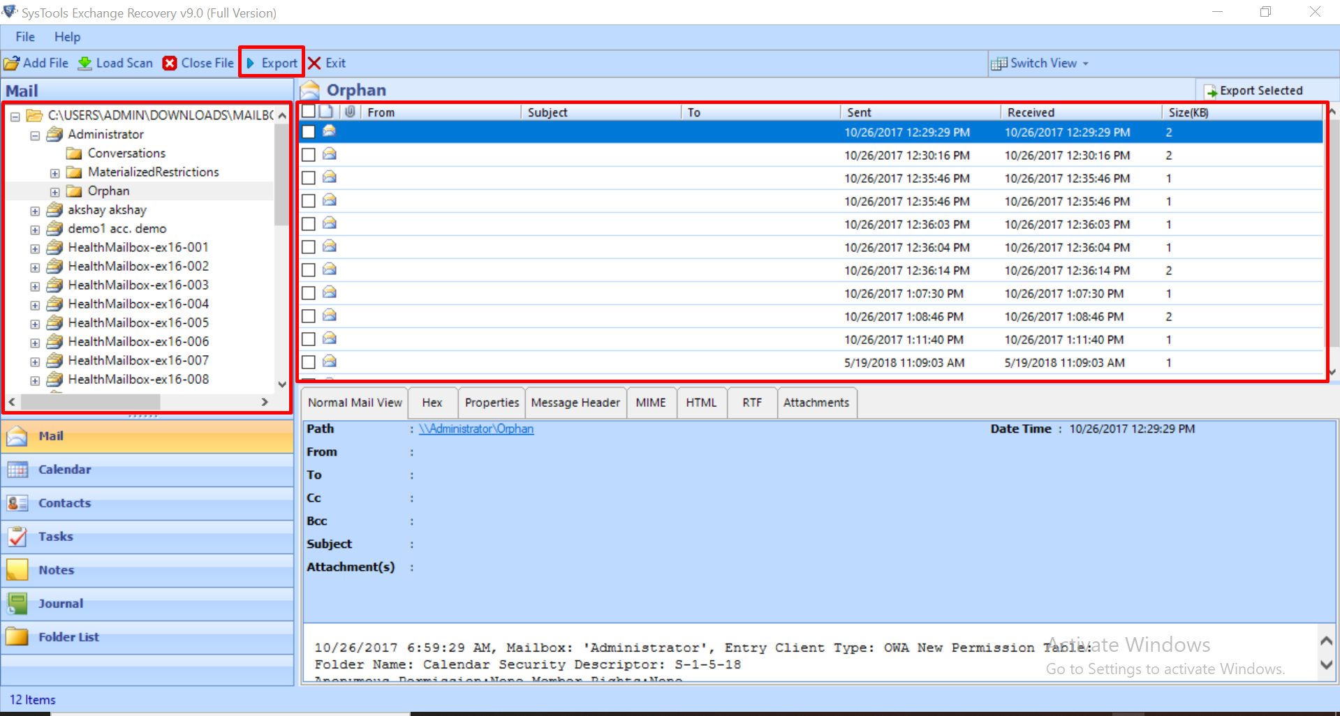 preview recovered exchange mailbox