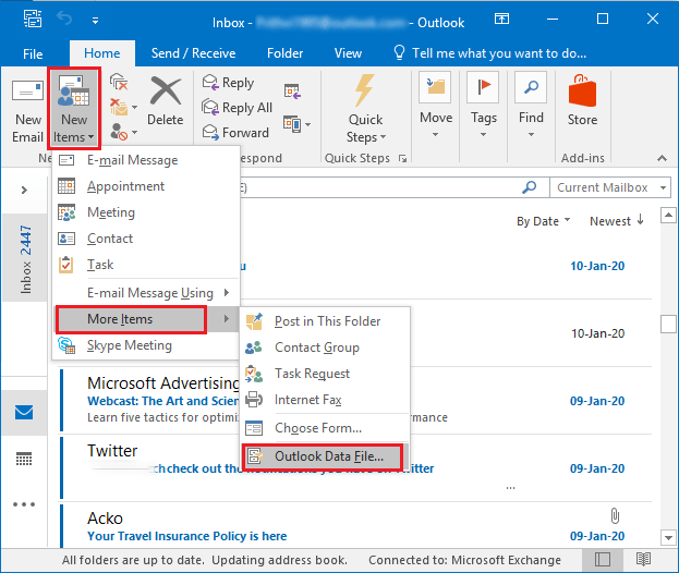 create new outlook pst file