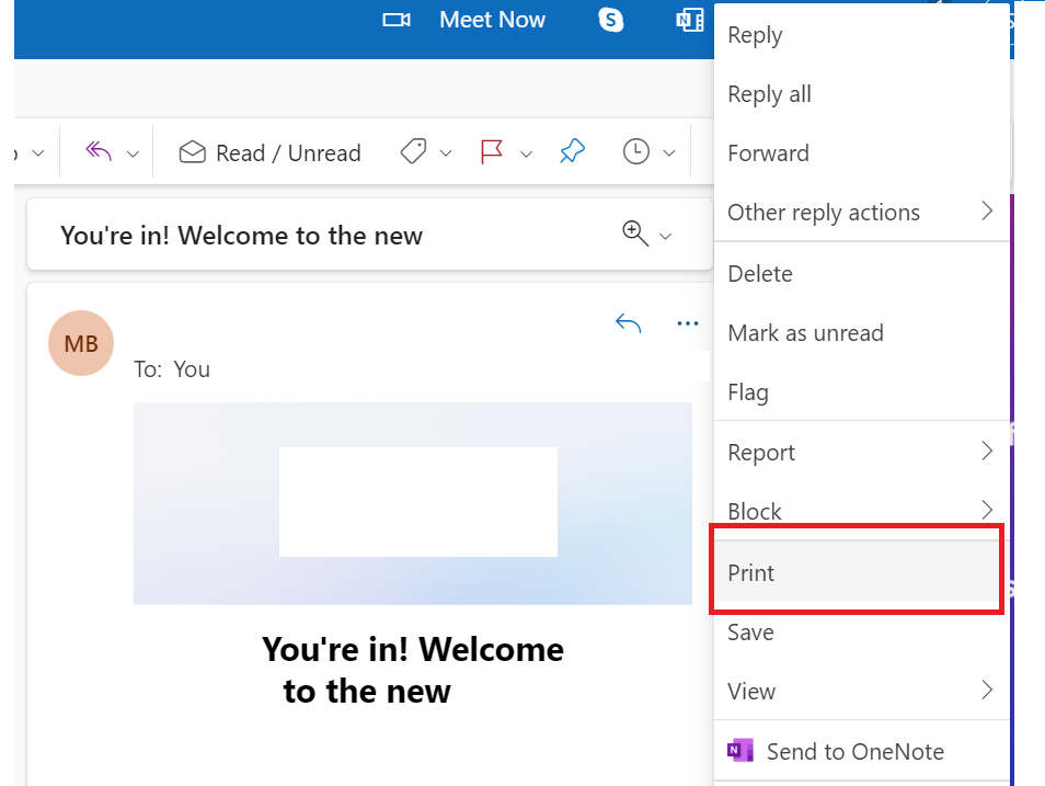 choose print option to Export Emails from Outlook Web App