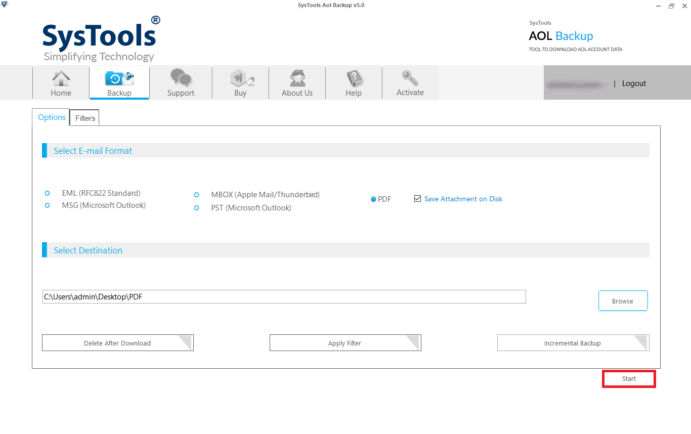 start process to convert aol email to pdf