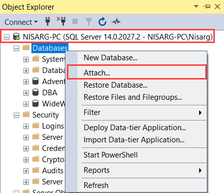 attach mdf file in SQL Server
