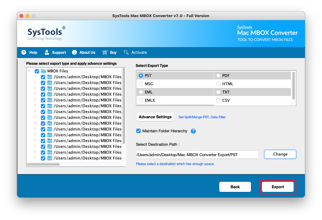 start exporting data