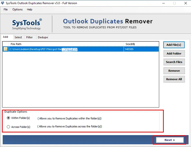 select outlook data file