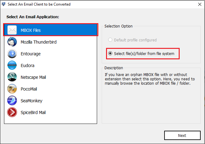 select mbox file option