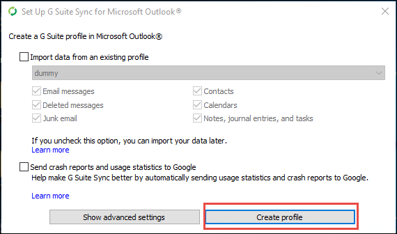 create google workspace profile in outlook