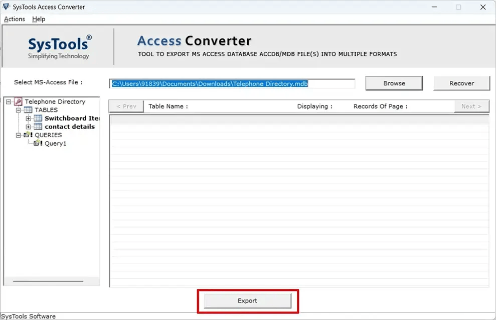Click Export to begin Access to CSV conversion process
